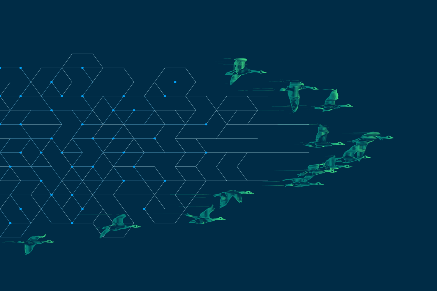 Canadian geese fly in a v formation over top of a geometric pattern. It represents Canada's National AI Institutes.