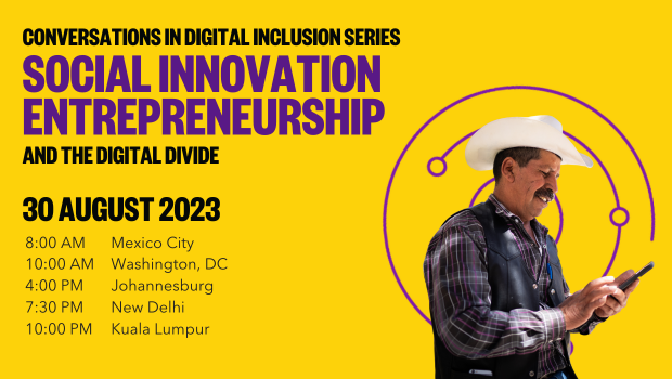 Hispanic man looks at his phone, purple text on yellow background announcing 30 August 2023 event on Entrepreneurship and Digital Divide.