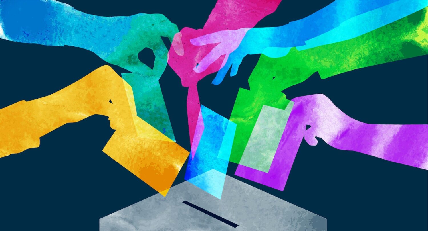An illustration representing AI Elections. Abstract and colorful hands drop ballots in a box.