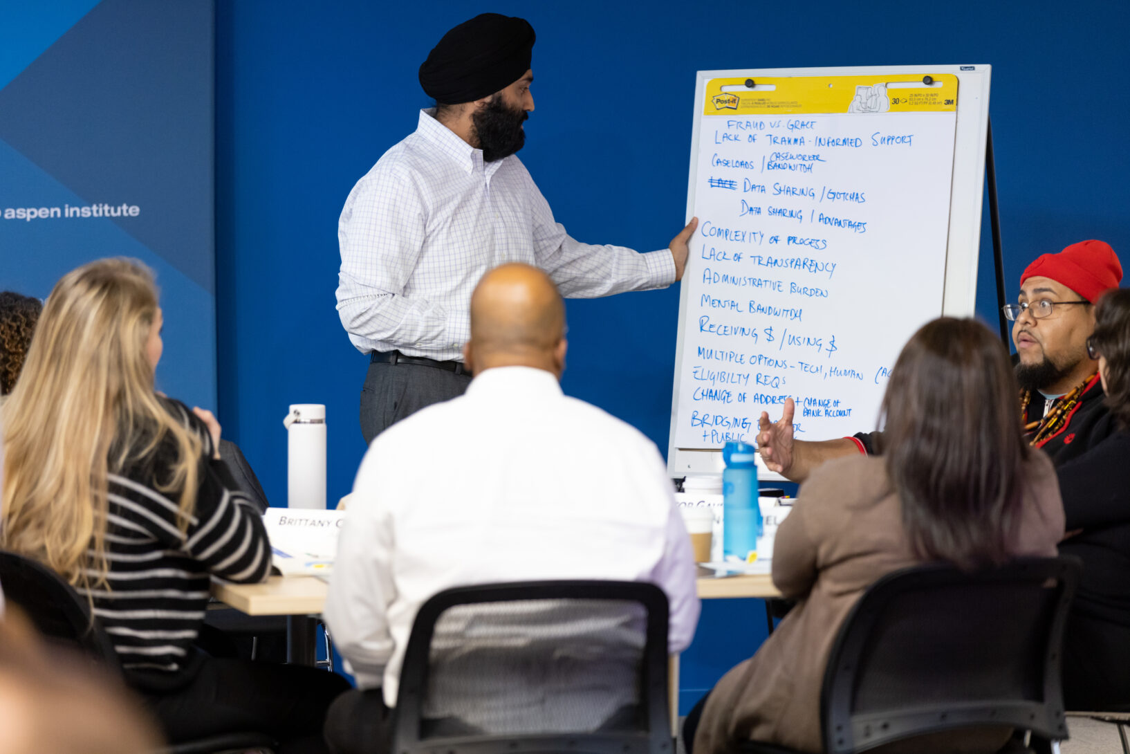 Sohrab Kohli writes on a flipchart at a private event.