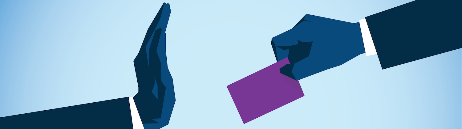 An illustration of a hand blocking another from putting their vote in the ballot box. It represents a negative view of AI and the future of civil rights.