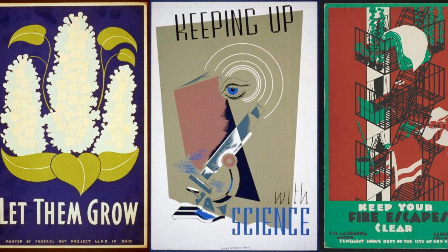 A selection of historical posters from the Works Project Administration (WPA).