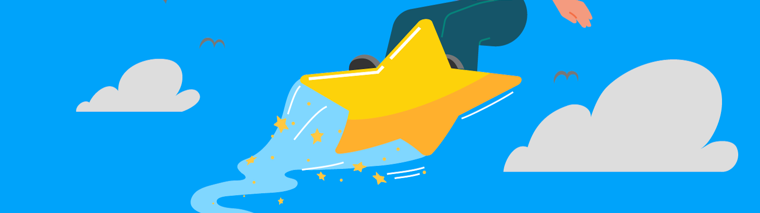 Person with long dark hair surfs on a star through a blue sky among clouds and birds. It represents the journey from tech to government.