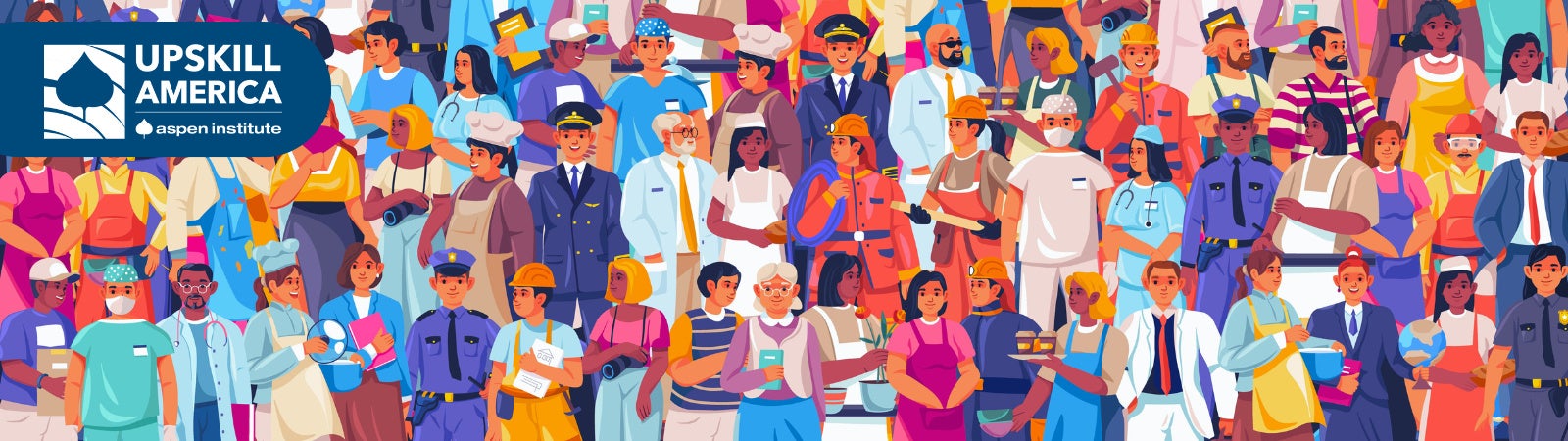 Colorful vector image of a diverse group of people in various occupations with the UpSkill Logo on the left-hand side. These occupations include doctors, nurses, teachers, police officers, baristas, chefs, photographers, construction workers, businesspeople, and florists, among others.