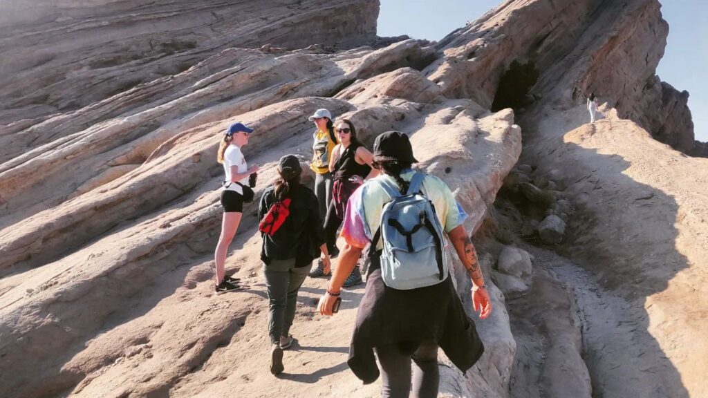Folks in the Los Angeles, CA, Spirituality In Nature Group hike together on the Vasquez Rocks trail during a monthly outing. Photo credit: Center for Spirituality in Nature